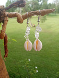 COWRIE & CLEAR QUARTZ vertical dangling earrings